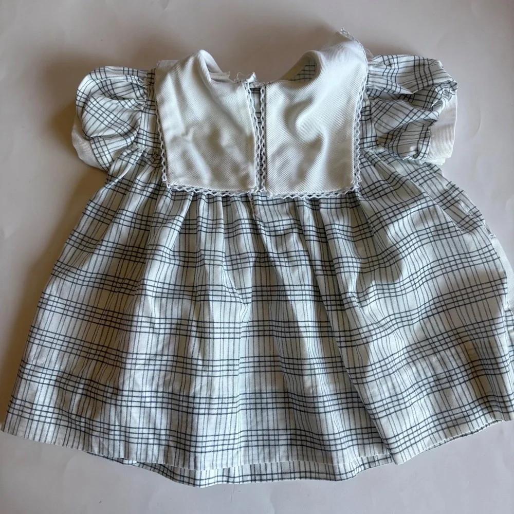 Vintage Toddler Girl 3 Plaid Dress Heart Flower Applique Lace Bib Collar Red Tie